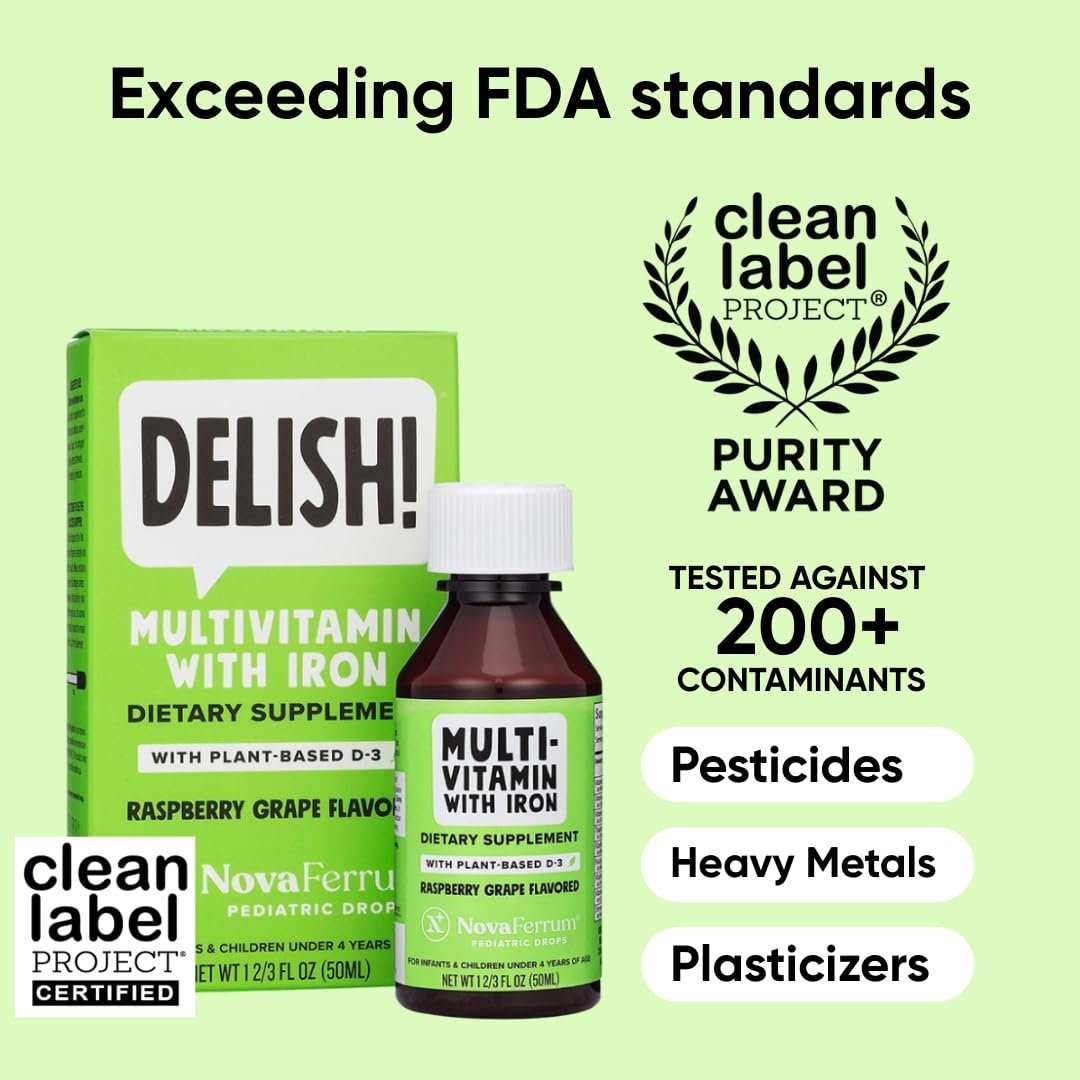 NovaFerrum Delish | Veganes Multivitamin mit Eisen für Babys, Kleinkinder & Kinder | Immununterstützung | Bio-pflanzliches D-3 | Glutenfrei | Vegan zertifiziert | Zuckerfrei | 1,69 Fl Oz (50 ml)