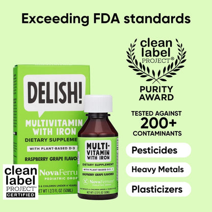 NovaFerrum Delish | Veganes Multivitamin mit Eisen für Babys, Kleinkinder & Kinder | Immununterstützung | Bio-pflanzliches D-3 | Glutenfrei | Vegan zertifiziert | Zuckerfrei | 1,69 Fl Oz (50 ml)
