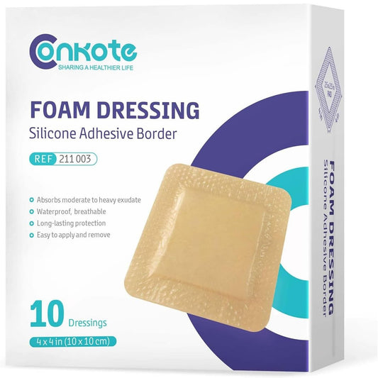 Conkote Silikonhaftende Schaumstoff-Wundauflagen 10x10 cm, wasserdichte Pflaster für die Wundversorgung, Box mit 10 Auflagen