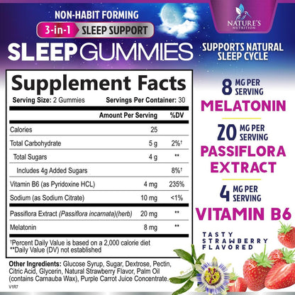 Schlaf Gummis – 8 mg Melatonin pro Portion – mit Passionsblumenextrakt für erholsamen Schlaf – Schnell wirkendes Melatonin Schlafgummi für Erwachsene, Vegan, Nicht-GVO, leckerer Erdbeergeschmack – 60 Gummis