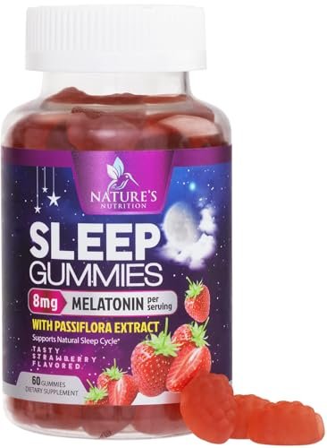Schlaf Gummis – 8 mg Melatonin pro Portion – mit Passionsblumenextrakt für erholsamen Schlaf – Schnell wirkendes Melatonin Schlafgummi für Erwachsene, Vegan, Nicht-GVO, leckerer Erdbeergeschmack – 60 Gummis