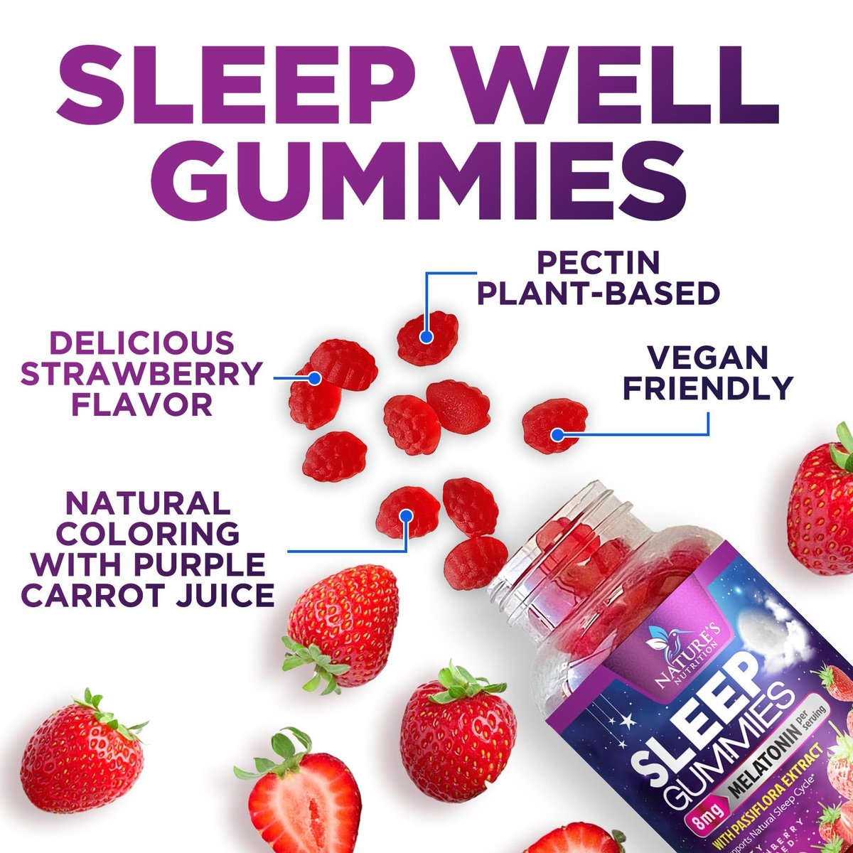 Schlaf Gummis – 8 mg Melatonin pro Portion – mit Passionsblumenextrakt für erholsamen Schlaf – Schnell wirkendes Melatonin Schlafgummi für Erwachsene, Vegan, Nicht-GVO, leckerer Erdbeergeschmack – 60 Gummis