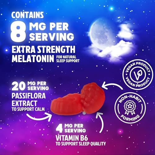 Schlaf Gummis – 8 mg Melatonin pro Portion – mit Passionsblumenextrakt für erholsamen Schlaf – Schnell wirkendes Melatonin Schlafgummi für Erwachsene, Vegan, Nicht-GVO, leckerer Erdbeergeschmack – 60 Gummis