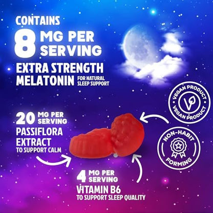 Schlaf Gummis – 8 mg Melatonin pro Portion – mit Passionsblumenextrakt für erholsamen Schlaf – Schnell wirkendes Melatonin Schlafgummi für Erwachsene, Vegan, Nicht-GVO, leckerer Erdbeergeschmack – 60 Gummis