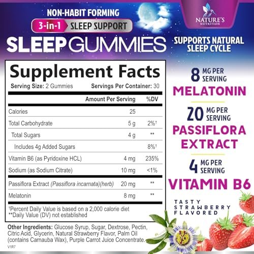 Schlaf Gummis – 8 mg Melatonin pro Portion – mit Passionsblumenextrakt für erholsamen Schlaf – Schnell wirkendes Melatonin Schlafgummi für Erwachsene, Vegan, Nicht-GVO, leckerer Erdbeergeschmack – 60 Gummis