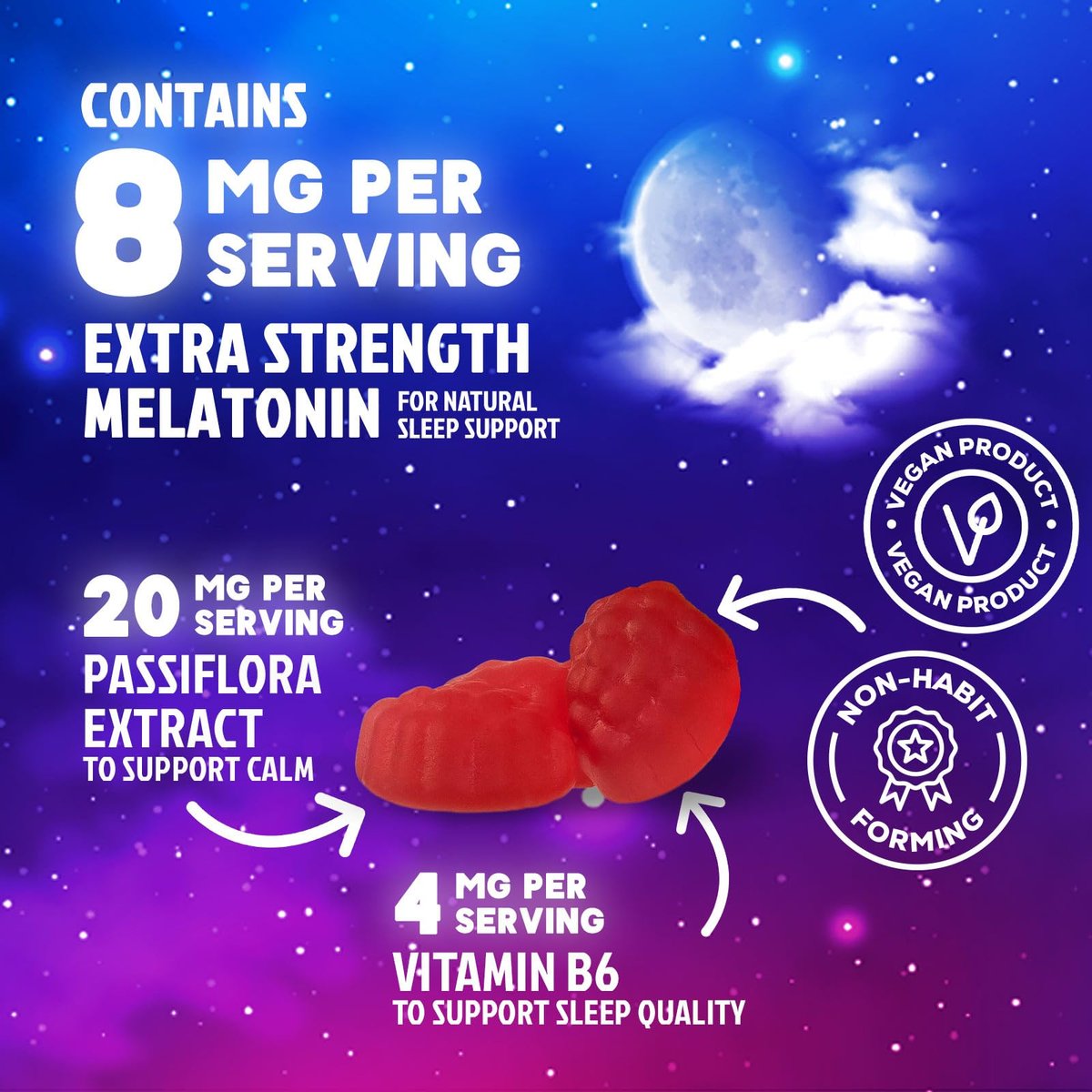 Schlaf Gummis – 8 mg Melatonin pro Portion – mit Passionsblumenextrakt für erholsamen Schlaf – Schnell wirkendes Melatonin Schlafgummi für Erwachsene, Vegan, Nicht-GVO, leckerer Erdbeergeschmack – 60 Gummis
