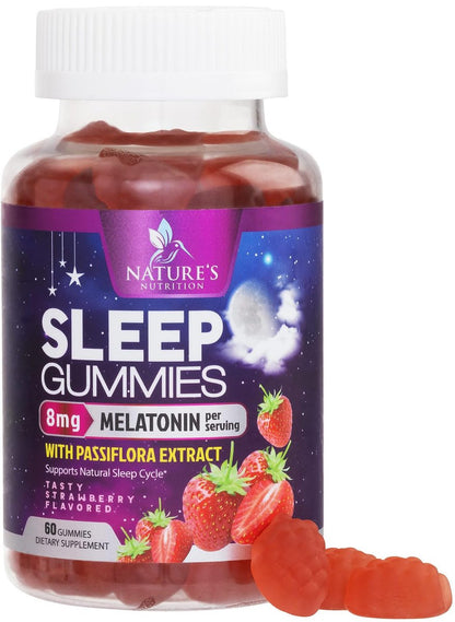 Schlaf Gummis – 8 mg Melatonin pro Portion – mit Passionsblumenextrakt für erholsamen Schlaf – Schnell wirkendes Melatonin Schlafgummi für Erwachsene, Vegan, Nicht-GVO, leckerer Erdbeergeschmack – 60 Gummis