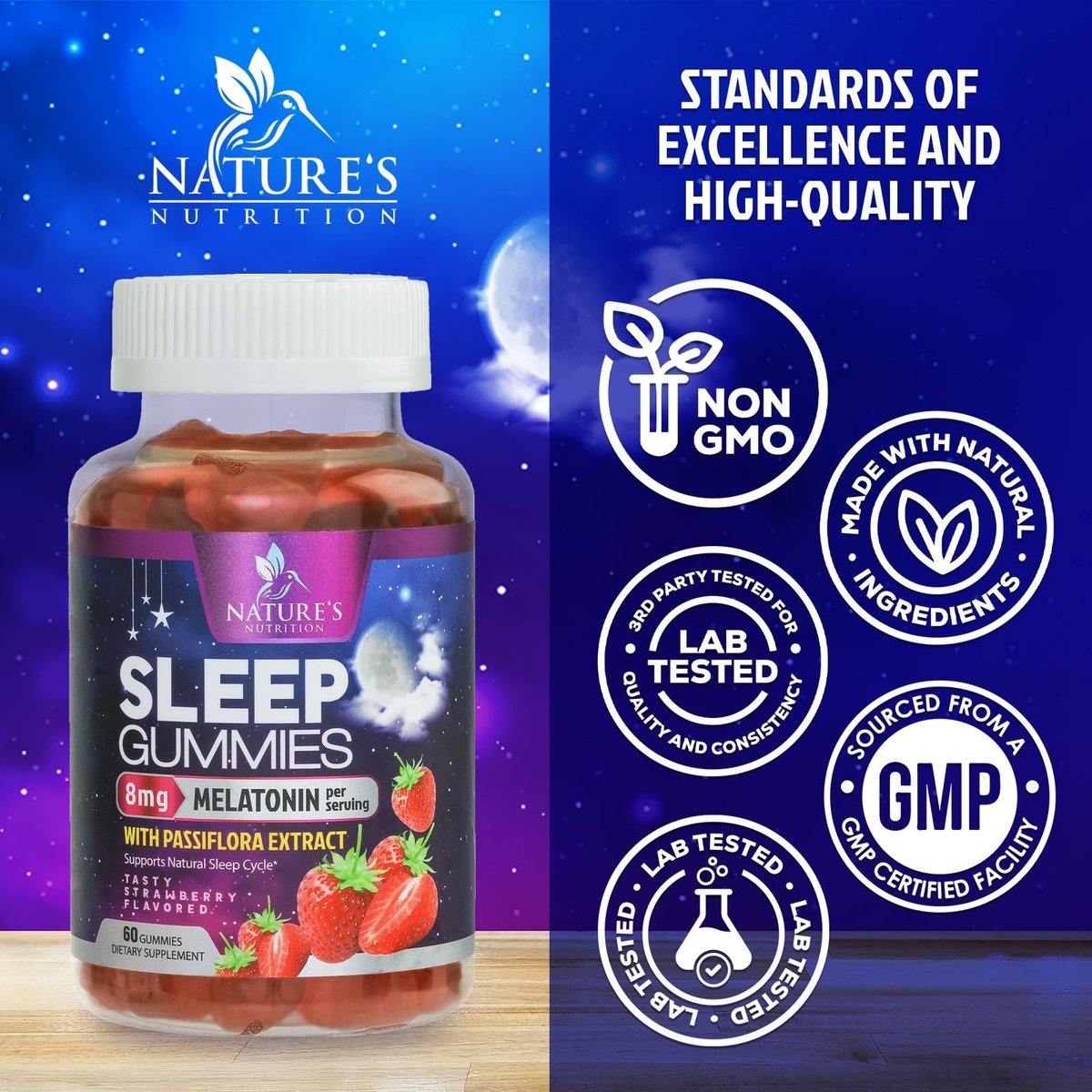 Schlaf Gummis – 8 mg Melatonin pro Portion – mit Passionsblumenextrakt für erholsamen Schlaf – Schnell wirkendes Melatonin Schlafgummi für Erwachsene, Vegan, Nicht-GVO, leckerer Erdbeergeschmack – 60 Gummis