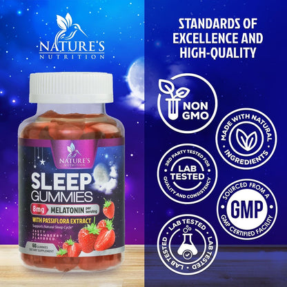 Schlaf Gummis – 8 mg Melatonin pro Portion – mit Passionsblumenextrakt für erholsamen Schlaf – Schnell wirkendes Melatonin Schlafgummi für Erwachsene, Vegan, Nicht-GVO, leckerer Erdbeergeschmack – 60 Gummis