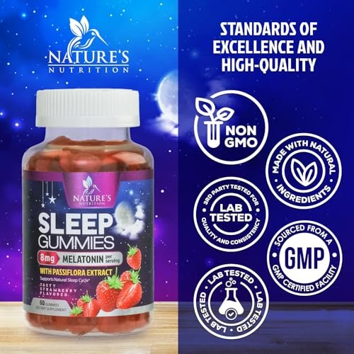 Schlaf Gummis – 8 mg Melatonin pro Portion – mit Passionsblumenextrakt für erholsamen Schlaf – Schnell wirkendes Melatonin Schlafgummi für Erwachsene, Vegan, Nicht-GVO, leckerer Erdbeergeschmack – 60 Gummis