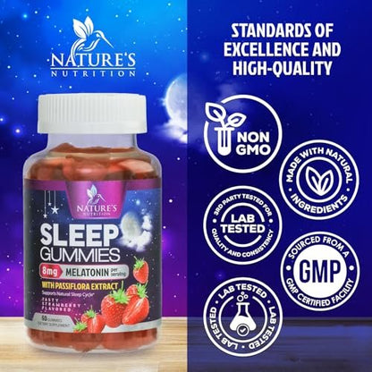 Schlaf Gummis – 8 mg Melatonin pro Portion – mit Passionsblumenextrakt für erholsamen Schlaf – Schnell wirkendes Melatonin Schlafgummi für Erwachsene, Vegan, Nicht-GVO, leckerer Erdbeergeschmack – 60 Gummis
