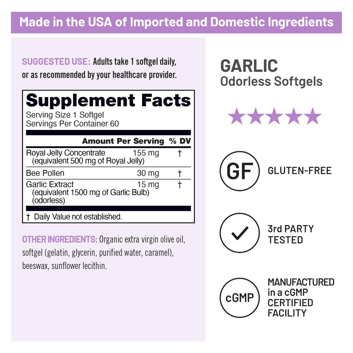 NatureWise Geruchlose Knoblauchpillen mit Gelée Royale & Pollen – Nahrungsergänzungsmittel für Herzgesundheit, Immunsystem & Antioxidantien – Glutenfrei, Nicht-GVO – 60 Softgels (2-Monats-Vorrat)