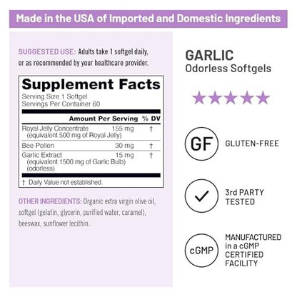 NatureWise Geruchlose Knoblauchpillen mit Gelée Royale & Pollen – Nahrungsergänzungsmittel für Herzgesundheit, Immunsystem & Antioxidantien – Glutenfrei, Nicht-GVO – 60 Softgels (2-Monats-Vorrat)