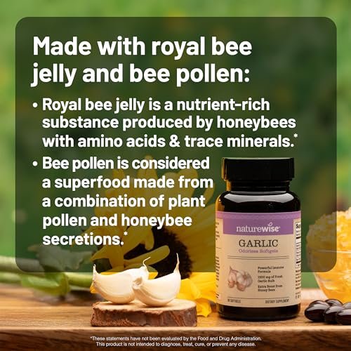 NatureWise Geruchlose Knoblauchpillen mit Gelée Royale & Pollen – Nahrungsergänzungsmittel für Herzgesundheit, Immunsystem & Antioxidantien – Glutenfrei, Nicht-GVO – 60 Softgels (2-Monats-Vorrat)