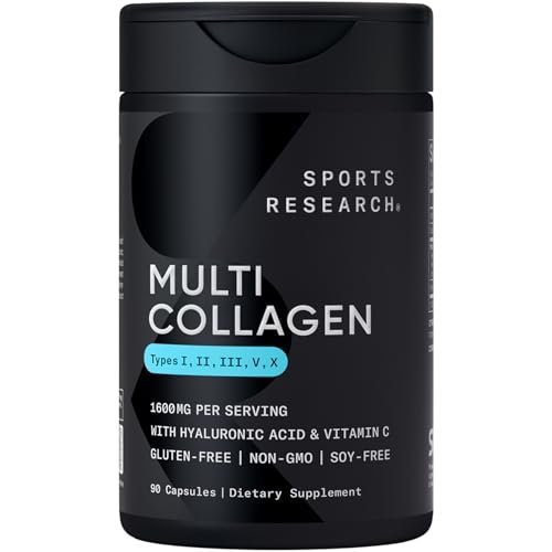Sports Research® Multi-Kollagen Kapseln für Frauen & Männer - Kollagenpeptide (Typ I, II, III, V, X) mit Hyaluronsäure & Vitamin C - Glutenfrei & Nicht-GVO - 90 Kapseln