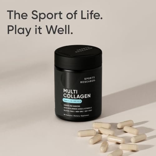 Sports Research® Multi-Kollagen Kapseln für Frauen & Männer - Kollagenpeptide (Typ I, II, III, V, X) mit Hyaluronsäure & Vitamin C - Glutenfrei & Nicht-GVO - 90 Kapseln