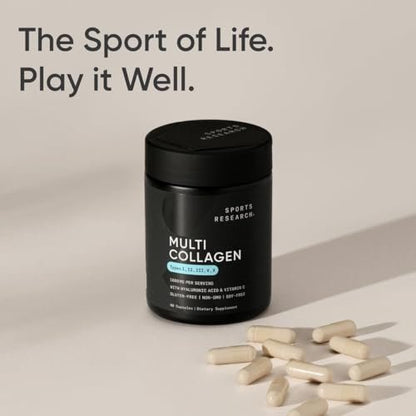 Sports Research® Multi-Kollagen Kapseln für Frauen & Männer - Kollagenpeptide (Typ I, II, III, V, X) mit Hyaluronsäure & Vitamin C - Glutenfrei & Nicht-GVO - 90 Kapseln