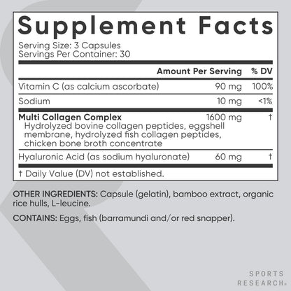 Sports Research® Multi-Kollagen Kapseln für Frauen & Männer - Kollagenpeptide (Typ I, II, III, V, X) mit Hyaluronsäure & Vitamin C - Glutenfrei & Nicht-GVO - 90 Kapseln