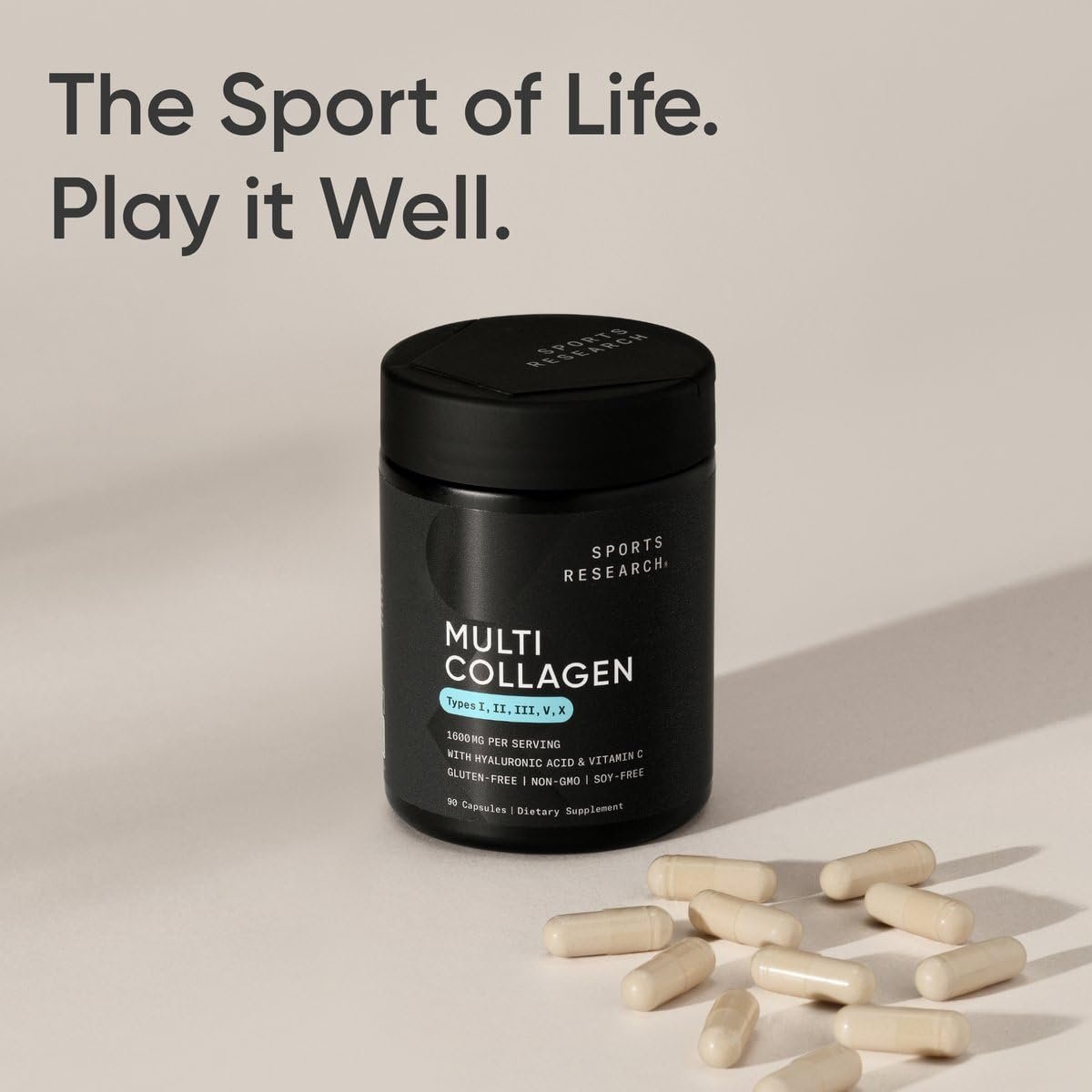 Sports Research® Multi-Kollagen Kapseln für Frauen & Männer - Kollagenpeptide (Typ I, II, III, V, X) mit Hyaluronsäure & Vitamin C - Glutenfrei & Nicht-GVO - 90 Kapseln