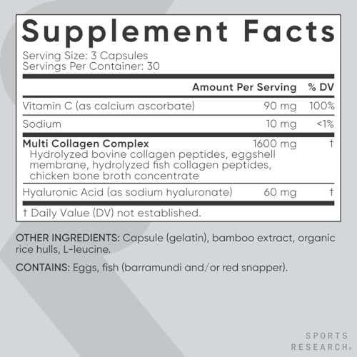 Sports Research® Multi-Kollagen Kapseln für Frauen & Männer - Kollagenpeptide (Typ I, II, III, V, X) mit Hyaluronsäure & Vitamin C - Glutenfrei & Nicht-GVO - 90 Kapseln
