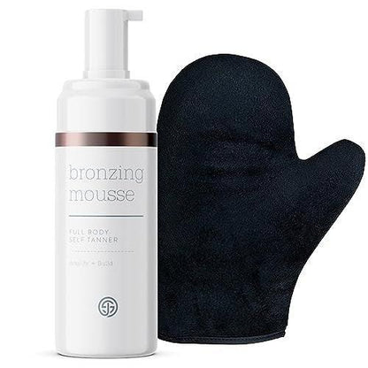 SJOLIE Bräunungsschaum für Selbstbräuner - Express-Selbstbräunungs-Mousse + Applikator-Handschuh | Mittel- bis Dunkelbraun, streifenfrei, vegan, ohne Parabene