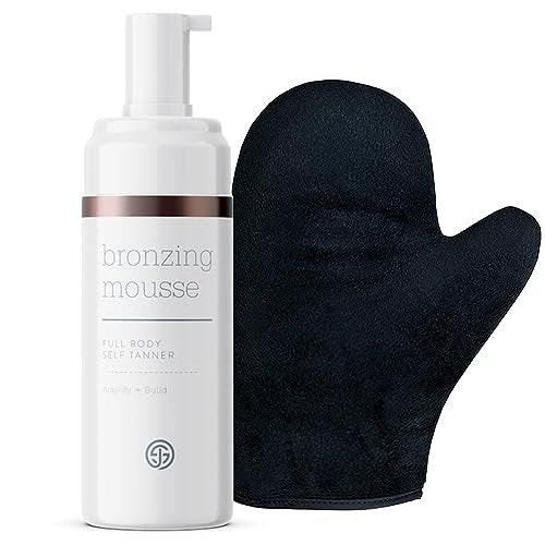 SJOLIE Bräunungsschaum für Selbstbräuner - Express-Selbstbräunungs-Mousse + Applikator-Handschuh | Mittel- bis Dunkelbraun, streifenfrei, vegan, ohne Parabene