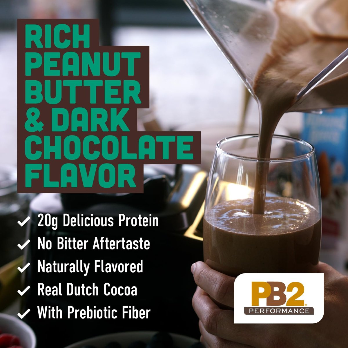 PB2 Performance Erdnuss mit holländischem Kakao – Veganes Proteinpulver mit 20g Protein, kein Zuckerzusatz, präbiotische Ballaststoffe, laktosefrei, zertifiziert vegan, ohne Gentechnik, glutenfrei (2lb)
