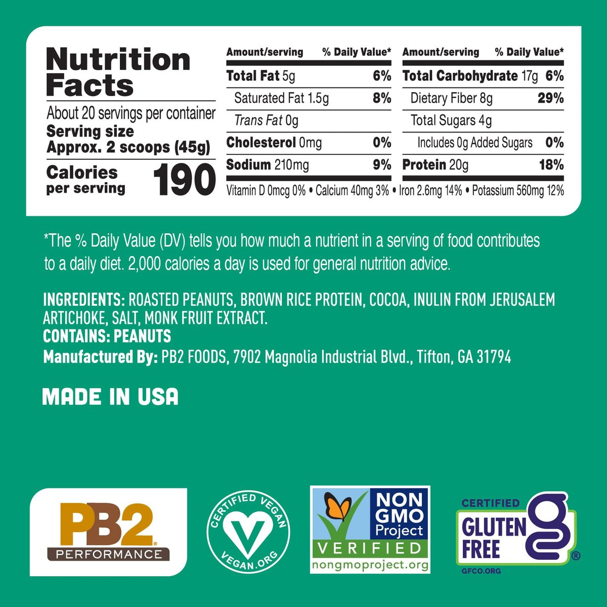 PB2 Performance Erdnuss mit holländischem Kakao – Veganes Proteinpulver mit 20g Protein, kein Zuckerzusatz, präbiotische Ballaststoffe, laktosefrei, zertifiziert vegan, ohne Gentechnik, glutenfrei (2lb)