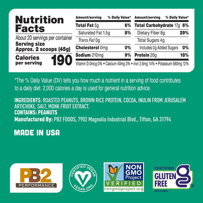 PB2 Performance Erdnuss mit holländischem Kakao – Veganes Proteinpulver mit 20g Protein, kein Zuckerzusatz, präbiotische Ballaststoffe, laktosefrei, zertifiziert vegan, ohne Gentechnik, glutenfrei (2lb)