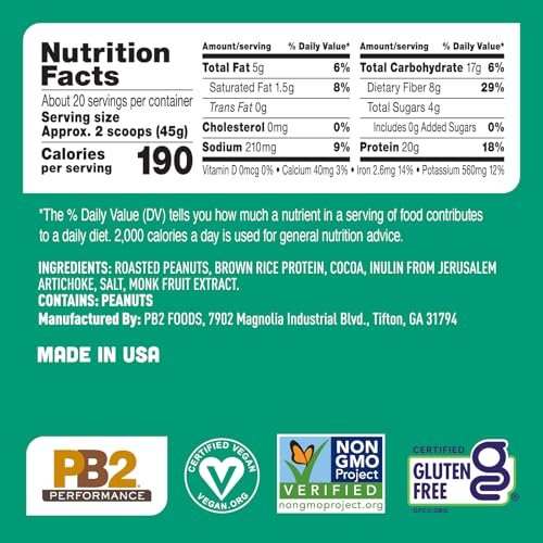 PB2 Performance Erdnuss mit holländischem Kakao – Veganes Proteinpulver mit 20g Protein, kein Zuckerzusatz, präbiotische Ballaststoffe, laktosefrei, zertifiziert vegan, ohne Gentechnik, glutenfrei (2lb)