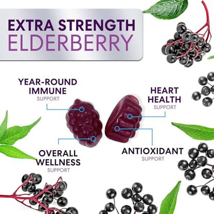 Holunderbeeren Gummies - 3X Stärke Schwarzer Holunder Immununterstützung Gummibärchen mit Vitamin C, D3 und Zink für Kinder & Erwachsene, Immunsystem Stärkung Nahrungsergänzungsmittel, Holunderbeer Vitamine - 60 Gummies
