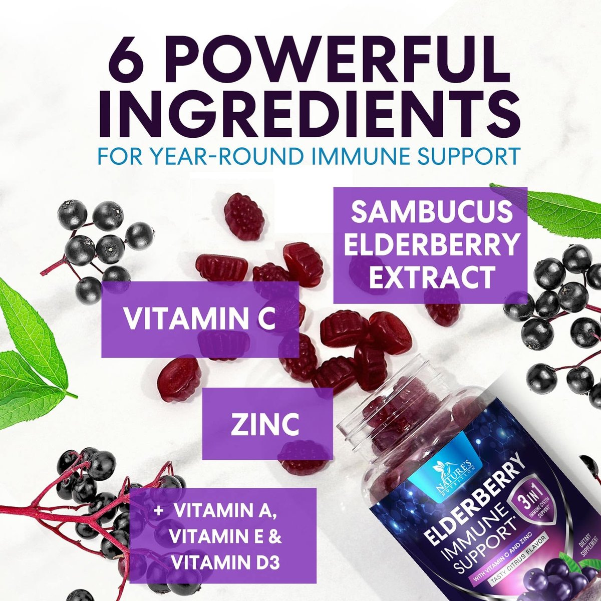 Holunderbeeren Gummies - 3X Stärke Schwarzer Holunder Immununterstützung Gummibärchen mit Vitamin C, D3 und Zink für Kinder & Erwachsene, Immunsystem Stärkung Nahrungsergänzungsmittel, Holunderbeer Vitamine - 60 Gummies