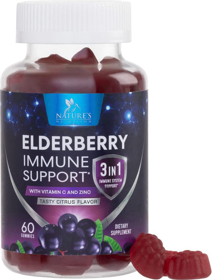 Holunderbeeren Gummies - 3X Stärke Schwarzer Holunder Immununterstützung Gummibärchen mit Vitamin C, D3 und Zink für Kinder & Erwachsene, Immunsystem Stärkung Nahrungsergänzungsmittel, Holunderbeer Vitamine - 60 Gummies