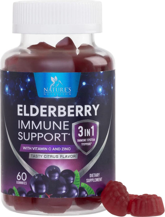 Holunderbeeren Gummies - 3X Stärke Schwarzer Holunder Immununterstützung Gummibärchen mit Vitamin C, D3 und Zink für Kinder & Erwachsene, Immunsystem Stärkung Nahrungsergänzungsmittel, Holunderbeer Vitamine - 60 Gummies