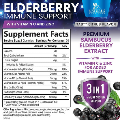 Holunderbeeren Gummies - 3X Stärke Schwarzer Holunder Immununterstützung Gummibärchen mit Vitamin C, D3 und Zink für Kinder & Erwachsene, Immunsystem Stärkung Nahrungsergänzungsmittel, Holunderbeer Vitamine - 60 Gummies