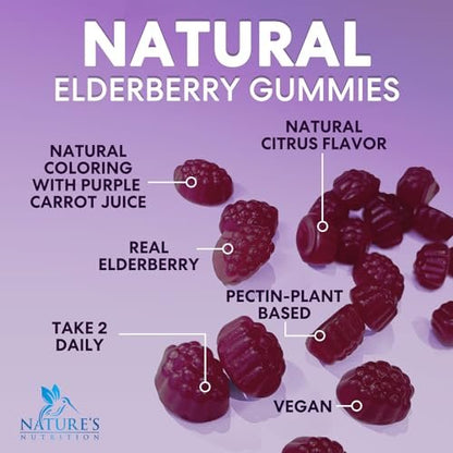 Holunderbeeren Gummies - 3X Stärke Schwarzer Holunder Immununterstützung Gummibärchen mit Vitamin C, D3 und Zink für Kinder & Erwachsene, Immunsystem Stärkung Nahrungsergänzungsmittel, Holunderbeer Vitamine - 60 Gummies