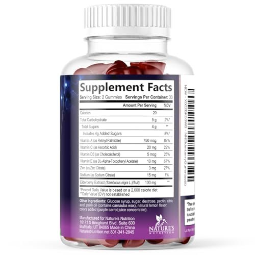 Holunderbeeren Gummis - 3-fach Stärke Schwarzer Holunder Immununterstützung mit Vitamin C, D3 und Zink für Kinder & Erwachsene, Immun-Gummis, Schwarze Holunderbeeren Vitamine - 120 Gummis