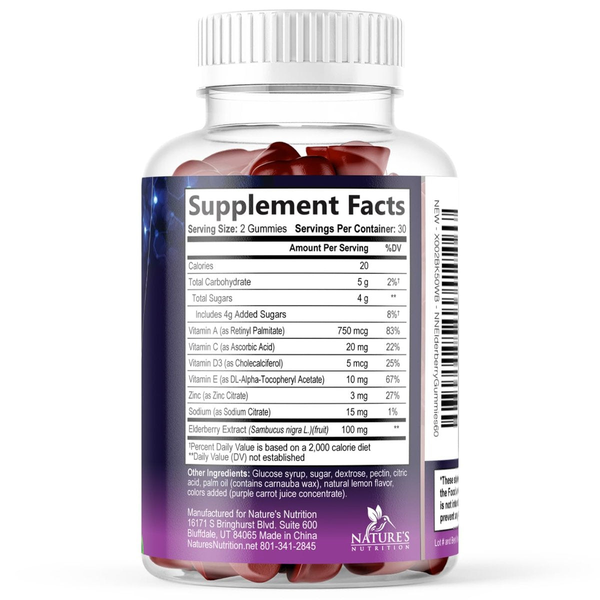Holunderbeeren Gummies - 3X Stärke Schwarzer Holunder Immununterstützung Gummibärchen mit Vitamin C, D3 und Zink für Kinder & Erwachsene, Immunsystem Stärkung Nahrungsergänzungsmittel, Holunderbeer Vitamine - 60 Gummies