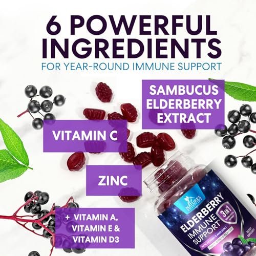 Holunderbeeren Gummies - 3X Stärke Schwarzer Holunder Immununterstützung Gummibärchen mit Vitamin C, D3 und Zink für Kinder & Erwachsene, Immunsystem Stärkung Nahrungsergänzungsmittel, Holunderbeer Vitamine - 60 Gummies