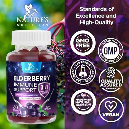 Holunderbeeren Gummies - 3X Stärke Schwarzer Holunder Immununterstützung Gummibärchen mit Vitamin C, D3 und Zink für Kinder & Erwachsene, Immunsystem Stärkung Nahrungsergänzungsmittel, Holunderbeer Vitamine - 60 Gummies