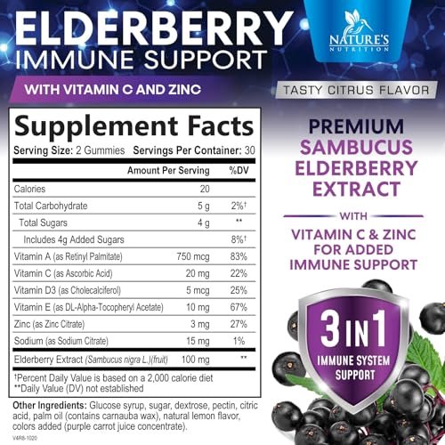 Holunderbeeren Gummies - 3X Stärke Schwarzer Holunder Immununterstützung Gummibärchen mit Vitamin C, D3 und Zink für Kinder & Erwachsene, Immunsystem Stärkung Nahrungsergänzungsmittel, Holunderbeer Vitamine - 60 Gummies