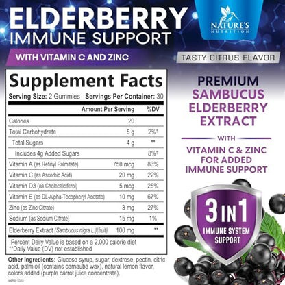 Holunderbeeren Gummies - 3X Stärke Schwarzer Holunder Immununterstützung Gummibärchen mit Vitamin C, D3 und Zink für Kinder & Erwachsene, Immunsystem Stärkung Nahrungsergänzungsmittel, Holunderbeer Vitamine - 60 Gummies