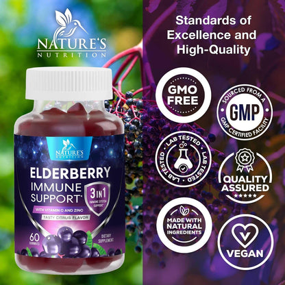 Holunderbeeren Gummies - 3X Stärke Schwarzer Holunder Immununterstützung Gummibärchen mit Vitamin C, D3 und Zink für Kinder & Erwachsene, Immunsystem Stärkung Nahrungsergänzungsmittel, Holunderbeer Vitamine - 60 Gummies