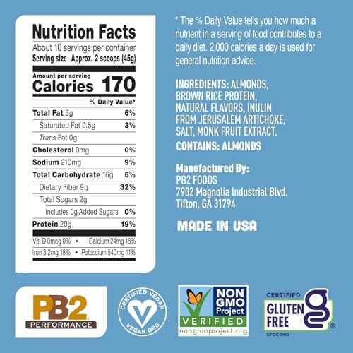 PB2 Performance Mandel-Pflanzenproteinpulver mit Madagaskar-Vanille – 20 g vollständiges Protein, kein Zuckerzusatz, präbiotische Ballaststoffe, vegan, glutenfrei, 1 Pfund