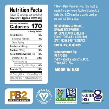 PB2 Performance Mandel-Pflanzenproteinpulver mit Madagaskar-Vanille – 20 g vollständiges Protein, kein Zuckerzusatz, präbiotische Ballaststoffe, vegan, glutenfrei, 1 Pfund