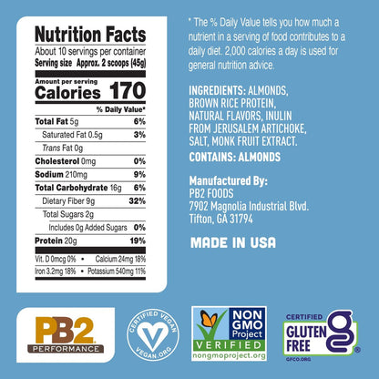 PB2 Performance Mandel-Pflanzenproteinpulver mit Madagaskar-Vanille – 20 g vollständiges Protein, kein Zuckerzusatz, präbiotische Ballaststoffe, vegan, glutenfrei, 1 Pfund