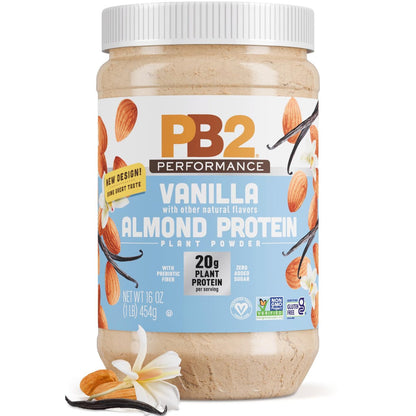 PB2 Performance Mandel-Pflanzenproteinpulver mit Madagaskar-Vanille – 20 g vollständiges Protein, kein Zuckerzusatz, präbiotische Ballaststoffe, vegan, glutenfrei, 1 Pfund