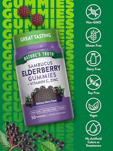 Nature's Truth Bio-Holunderbeeren Gummibärchen | 50 vegane Gummis | mit Vitamin C und Zink | Beerengeschmack | Vegan, Non-GMO und Glutenfrei
