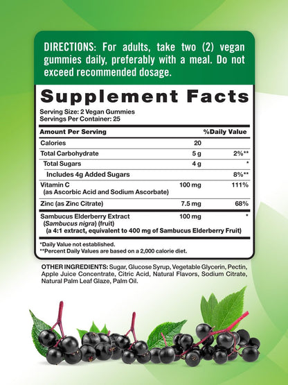 Nature's Truth Bio-Holunderbeeren Gummibärchen | 50 vegane Gummis | mit Vitamin C und Zink | Beerengeschmack | Vegan, Non-GMO und Glutenfrei
