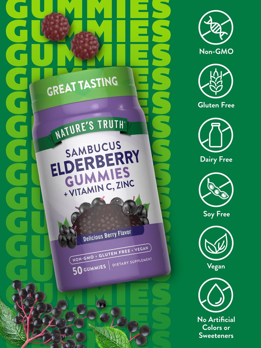 Nature's Truth Bio-Holunderbeeren Gummibärchen | 50 vegane Gummis | mit Vitamin C und Zink | Beerengeschmack | Vegan, Non-GMO und Glutenfrei